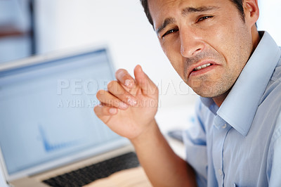 Buy stock photo Laptop, crying or sad businessman in office for financial crisis, stress or frustrated by 404 charts. Tax mistake, graphs or accountant with brain fog, glitch or stock market crash disaster on screen