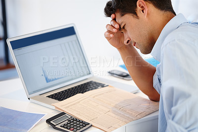 Buy stock photo Accounting, stress or businessman with newspaper, calculator or headache in office for laptop screen, graph or budget crisis. Finance, glitch or accountant frustrated by newsletter info of inflation