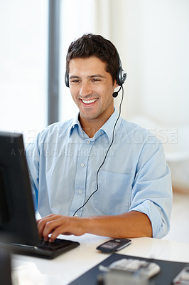Buy stock photo Remote work, computer and businessman consulting for call center in home office with crm, faq or b2b networking. Microphone, telemarketing and virtual assistant with pc, help and customer support