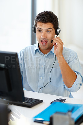 Buy stock photo Computer, remote work and businessman consulting for call center in home office with crm, faq or b2b networking. Microphone, telemarketing and virtual assistant with pc, help and customer support