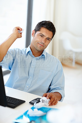 Buy stock photo Laptop, burnout and businessman with paper throw for mistake, disaster or frustrated by tax, admin or audit. Computer, glitch and bored male consultant annoyed with documents, error or paperwork fail