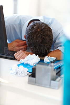 Buy stock photo Sleep, business man and stress with paper and burnout for mental health at desk in office. Tired person, employee and overwhlemed with headache pain, depression or anxiety from work pressure deadline