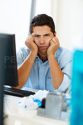 Buy stock photo Computer, portrait or bored businessman in office for financial crisis, stress or frustrated by 404 error. Angry, face or tired male employee with brain fog, tax mistake or boring job with irritation