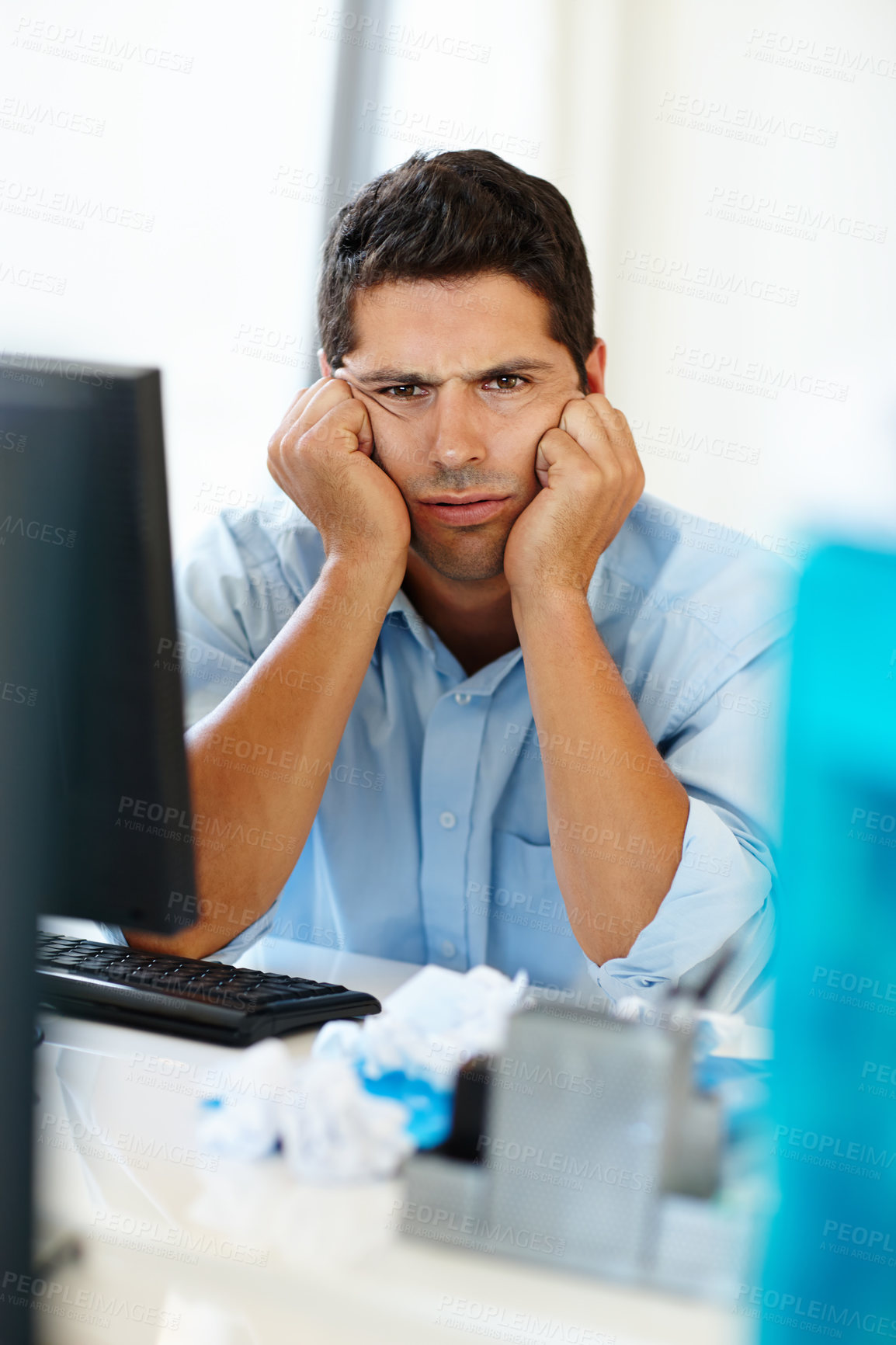 Buy stock photo Computer, portrait or bored businessman in office for financial crisis, stress or frustrated by 404 error. Angry, face or tired male employee with brain fog, tax mistake or boring job with irritation