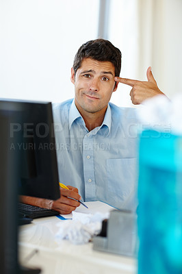 Buy stock photo Businessman, shooting hand gesture and problem, frustrated with finance paperwork and bankruptcy risk. Professional male person in portrait, overworked and burnout with financial crisis pressure