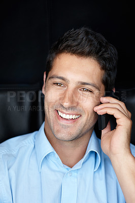 Buy stock photo Man, smile and cellphone for phone call as lawyer in dark background for conversation with client at law firm. Closeup, entrepreneur and happy with discussion for connection, networking and business
