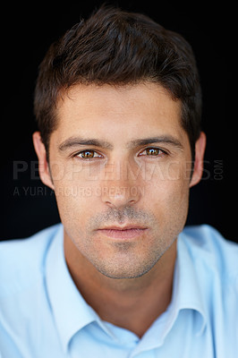Buy stock photo Closeup, serious and portrait of businessman in studio with pride, confidence or professional job. Male person, corporate and career with face for occupation, startup or employee on black background