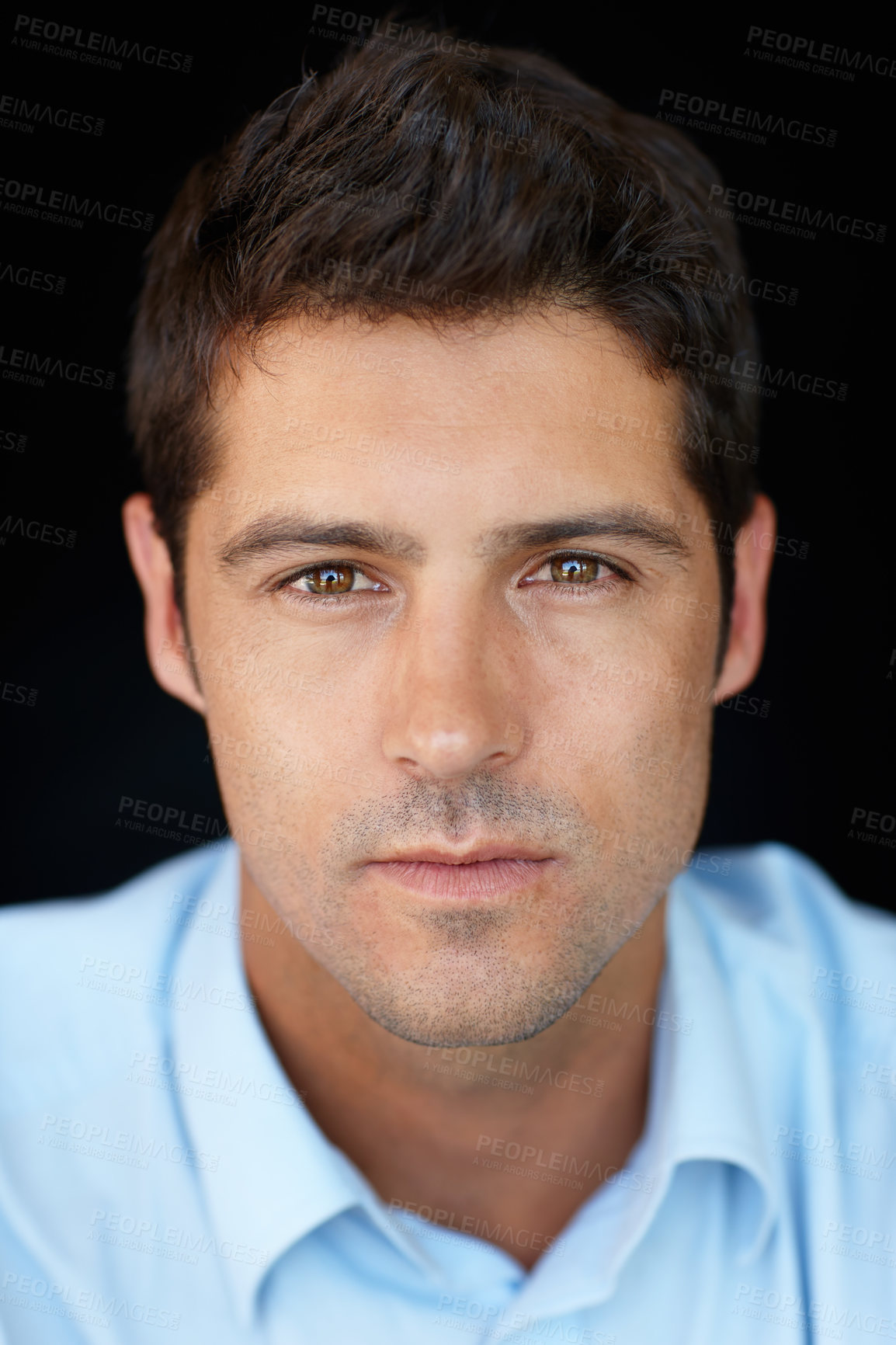 Buy stock photo Closeup, serious and portrait of businessman in studio with pride, confidence or professional job. Male person, corporate and career with face for occupation, startup or employee on black background