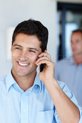 Buy stock photo Man, smile and cellphone for phone call at office as consultant for conversation and assist client. Closeup, work and happy with discussion for connection and networking for startup business 
