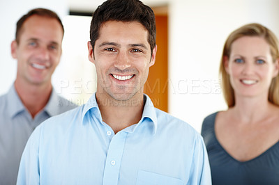 Buy stock photo Smile, human resources and portrait of businessman in office for teamwork, support and recruitment planning. Corporate, happy and male person with employees for collaboration, onboarding and meeting