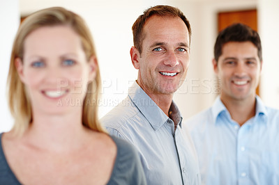 Buy stock photo Corporate, human resources and portrait of businessman with teamwork, meeting and recruitment planning. Happy, partnership and male person with employees for collaboration, startup and onboarding