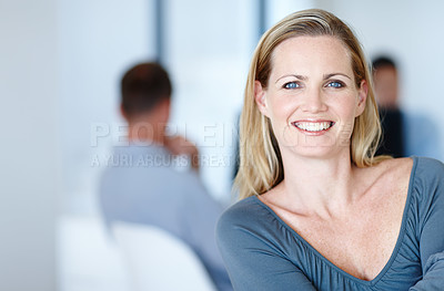 Buy stock photo Portrait of a businesswoman's face smiling happily at work in a corporate office. Entrepreneur creating a corporate business for women empowerment. A gorgeous woman smiling happily in a boardroom
