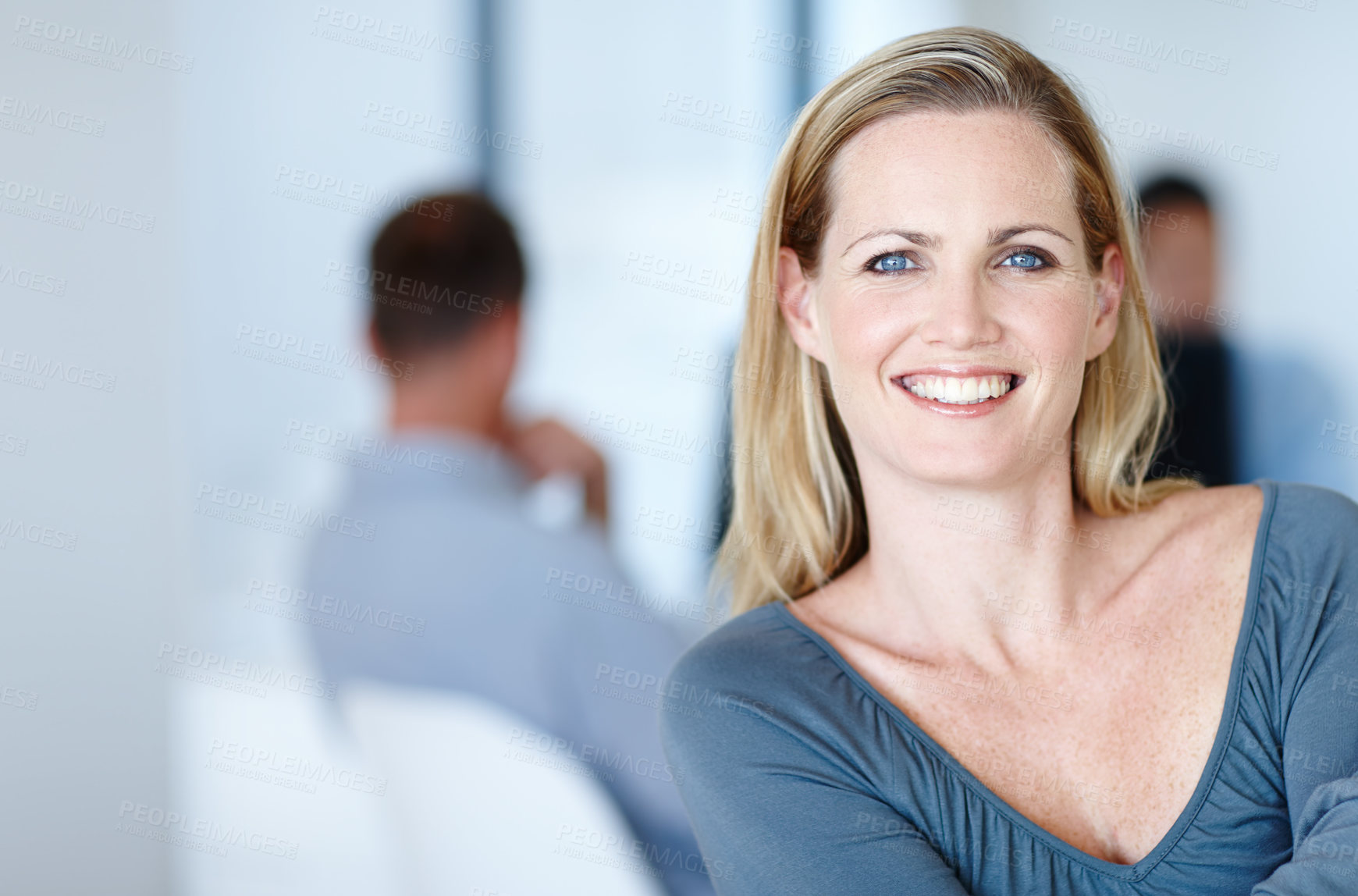Buy stock photo Portrait of a businesswoman's face smiling happily at work in a corporate office. Entrepreneur creating a corporate business for women empowerment. A gorgeous woman smiling happily in a boardroom
