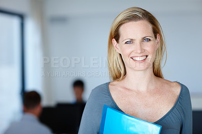 Buy stock photo Woman, business and portrait with paperwork in office building with research papers, corporate or workplace. Female person, face and smile or company employee as financial planner, about us or career