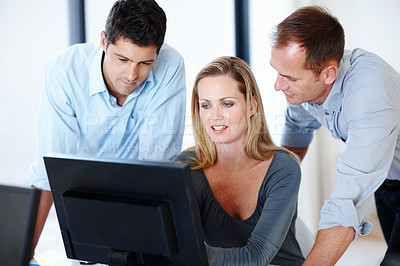 Buy stock photo Group, computer and assistance with task, work and plan for corporate, strategy and development in office. Men, woman and technology for working, discussing and review for brainstorming in workplace.