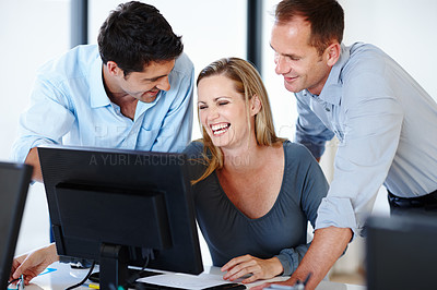 Buy stock photo Team, computer and laughing at joke with business, work and plan for corporate, funny and playful in office. Men, woman and technology for accounting, discussing and review for brainstorming together