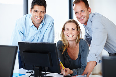 Buy stock photo Monitor, smile and portrait of business people in administration with teamwork, meeting and pride. Employees, happy and digital technology in office for compliance review, policy planning or research