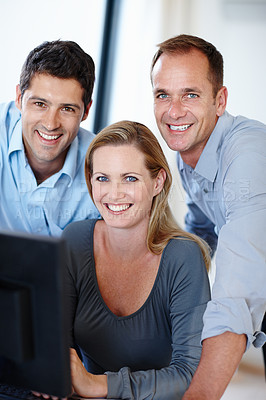 Buy stock photo Corporate, team and portrait of business people in administration with teamwork, smile and pride. Employees, happy and digital technology in office for policy review, research and compliance planning