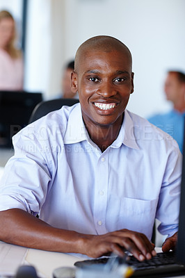 Buy stock photo Portrait, African man, computer and pride in career in modern office, proposal and email for company. Businessman, technology and smile in workplace for web designing and project for client. 