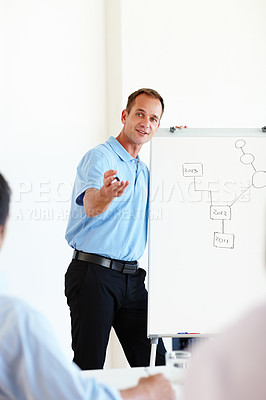 Buy stock photo Businessman, presentation and boardroom meeting or project mindmap or brainstorming, problem solving or financial growth. Man person, teamwork and office training with notes, startup or discussion