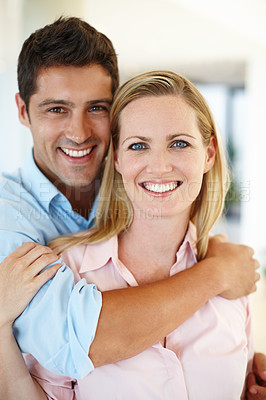 Buy stock photo Happy couple, portrait and hug connection in home for relationship bonding, together or relax. Man, woman and face or embrace smile in apartment for holiday morning or peace, weekend or anniversary