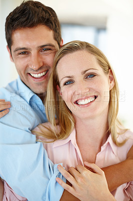 Buy stock photo Closeup shot of a couple smiling happily indoors
