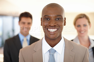 Buy stock photo Man, business and team with leader in portrait for corporate law firm with diversity, professional and collaboration. African male person, work and company workforce with unity for trust in market