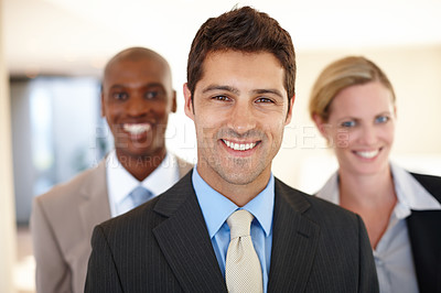 Buy stock photo Smiling, coworkers and lawyers in corporate portrait, businessman and team in office. Attorneys, confident partnership in law firm for legal advice, happy and smile with people for company meeting