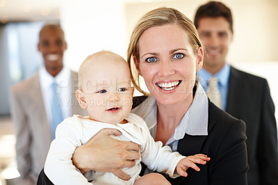 Buy stock photo Workplace, child and woman with smile in portrait for spending time together, mother and young kid with coworkers. Happy people, mama and little baby or infant in office or visiting mom at work