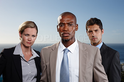 Buy stock photo Ocean, serious and portrait of business people in nature for corporate, pride and teamwork. Professional employees, diversity and face with confidence for support, solidarity and partnership by sea