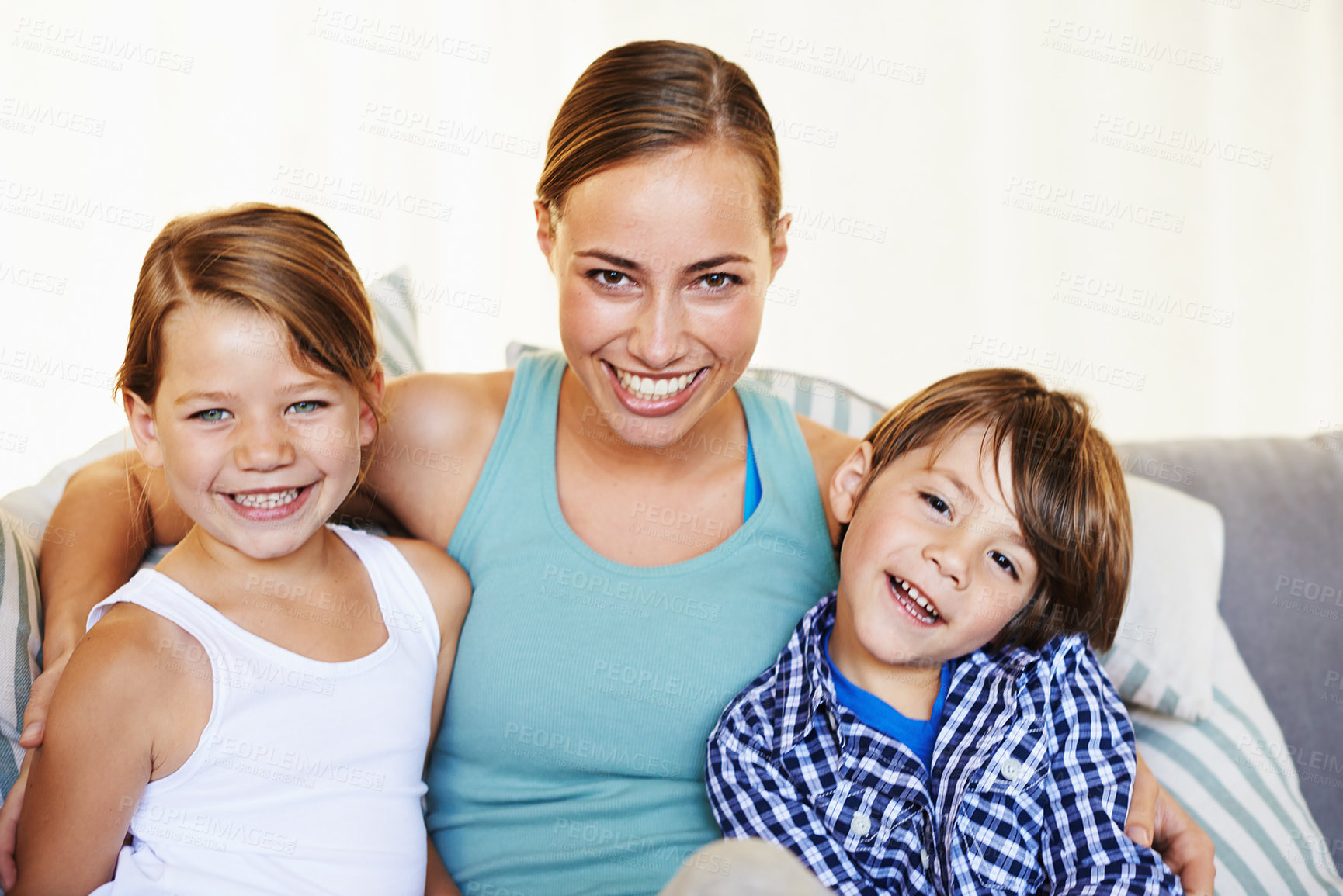 Buy stock photo Portrait, happy family and children with mother on sofa in home for bonding, love and relax together on couch. Face, kids and smile of siblings with mom in lounge, brother and sister in living room