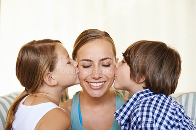 Buy stock photo Mother, kids and kiss with smile, portrait and happy family for bonding in living room. Woman, children and home or house and positivity, love or lounge with childhood affection on sofa in apartment