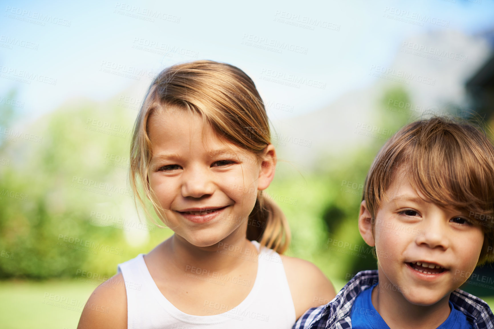 Buy stock photo Portrait, smile and children outdoor at park for bonding, love and family together with girl in summer garden. Face, kids and happy siblings, brother and adorable young sister in nature with boy