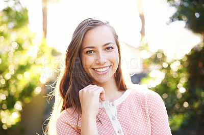 Buy stock photo Woman, portrait and smile with park, sunshine and happiness for summer beauty. Lady, garden and rest or relaxing for nature break or outdoor fun with confidence and positivity for travel or adventure