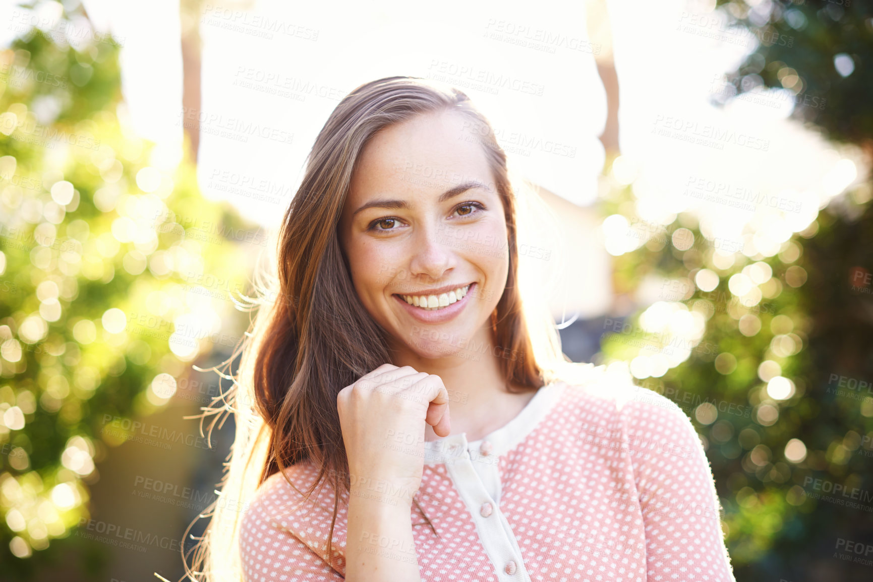 Buy stock photo Woman, portrait and smile with park, sunshine and happiness for summer beauty. Lady, garden and rest or relaxing for nature break or outdoor fun with confidence and positivity for travel or adventure