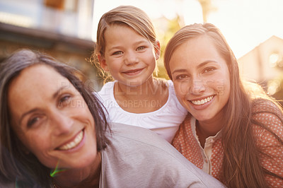 Buy stock photo Smile, generations and portrait of family in outdoor garden for love, bonding and spending quality time together. Happiness, bokeh and relax with grandmother, daughter and young girl in backyard