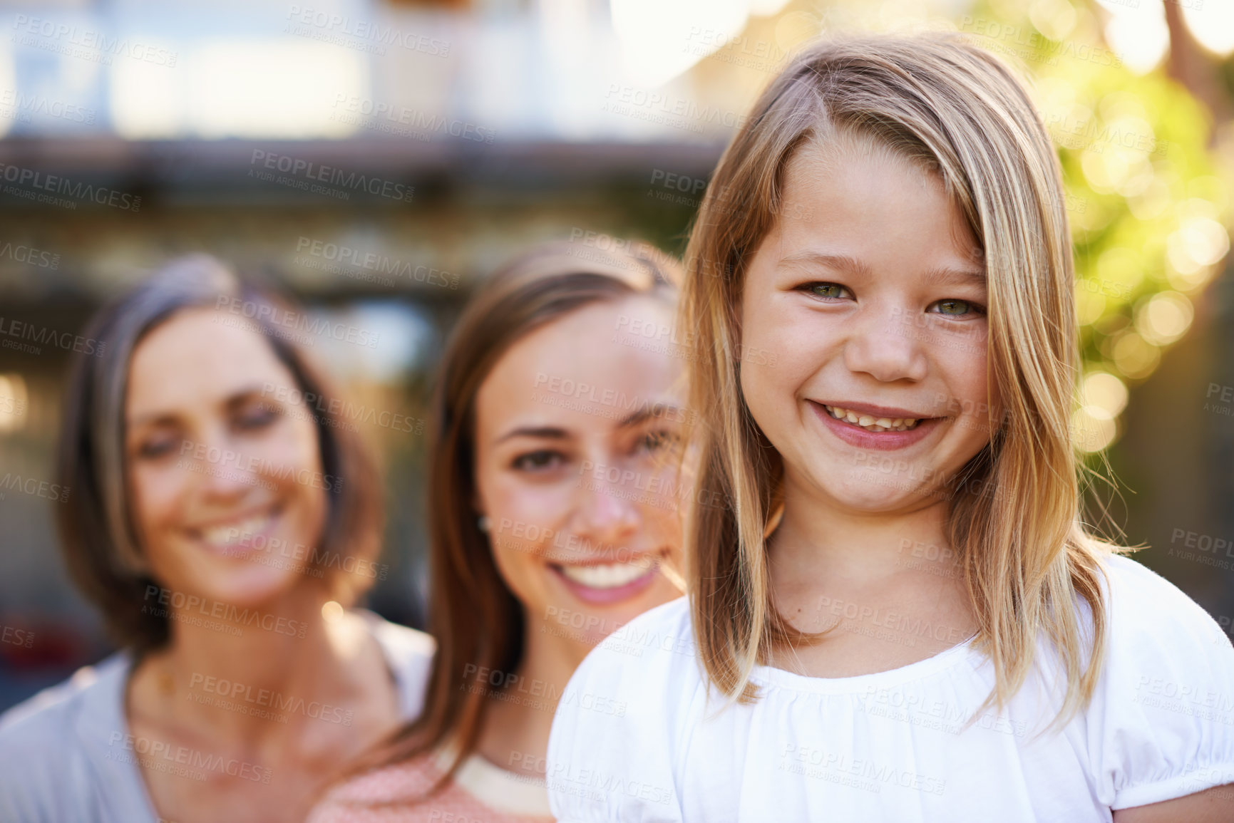 Buy stock photo Smile, family and portrait of woman, generation and mother with children in home. Face, happy and girl child with senior grandmother and mom, parents and support or love for bonding in summer