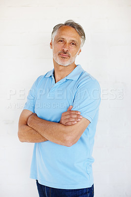 Buy stock photo Portrait, fashion and senior man with arms crossed, casual outfit and model on white studio background. Face, mature person and old guy with mockup space and trendy with stylish clothes or retirement