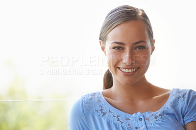 Buy stock photo Outdoor, portrait and woman with smile, face and nature in summer, sunshine and peace of girl. Travel, adventure and female person on holiday, break and relax in hotel or resort as tourist in Cancun
