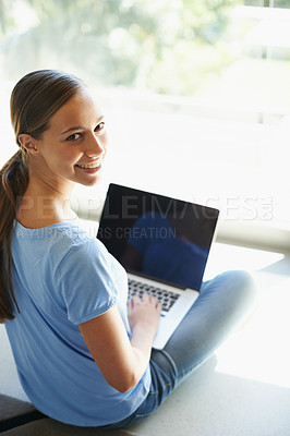 Buy stock photo Woman, portrait and laptop for online university course, education and learning with research on internet. Information, lesson and elearning for college student, smile for scholarship and studying