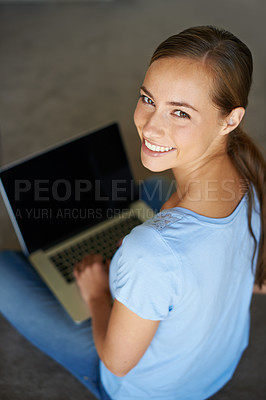 Buy stock photo Woman, portrait and laptop for online college course, education and learning with research on internet. Information, lesson and elearning for university student, smile for scholarship and studying