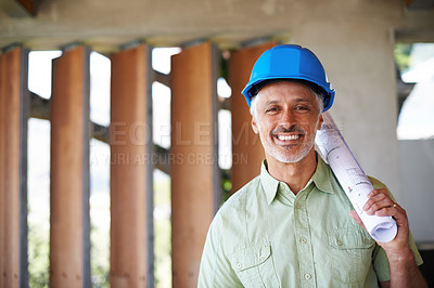 Buy stock photo Architect, floor plan and construction site in portrait for building luxury house, apartment or residence. Man, blueprint and hard hat on for safety, protection or shelter smiling and confident