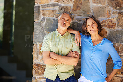Buy stock photo Happy couple, portrait and bonding together in nature for romance and commitment in healthy relationship in outdoor. Man, woman and face of love with touch for care, trust and honeymoon on holiday