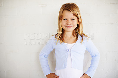 Buy stock photo Portrait, smile and confident girl child on a brick wall isolated on a white background mockup space. Face, happy and adorable young kid in casual clothes for fashion, cute or positive in Switzerland