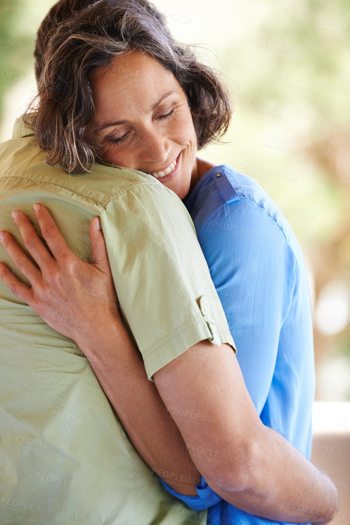 Buy stock photo Love, hug and happy mature couple in backyard with comfort, support and trust in marriage. Smile, embrace and woman with man in garden together for romantic gesture with care, kindness and nature