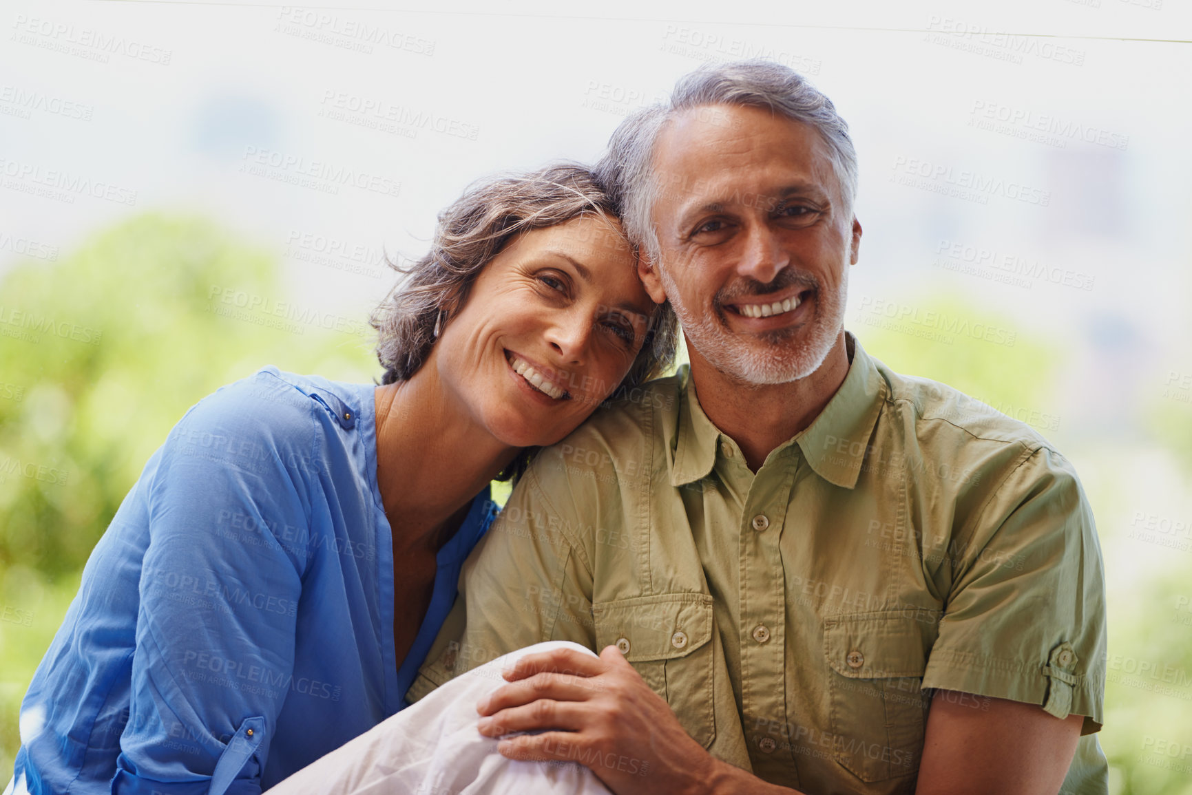 Buy stock photo Love, embrace and portrait of mature couple in backyard with comfort, support or trust in marriage. Smile, relax and happy woman with man in garden for romantic gesture with care, kindness and nature