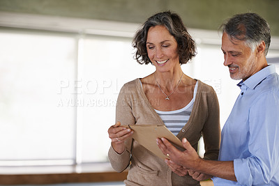 Buy stock photo Smile, couple and documents in home for budget, investment and mortgage. Letter, mature man and woman with savings, asset management and reading good news with information for finance on mockup space