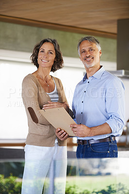 Buy stock photo Portrait, happy couple and documents in home for budget, investment and mortgage. Smile, mature man and woman with mail for savings, asset management and financial planning together in apartment