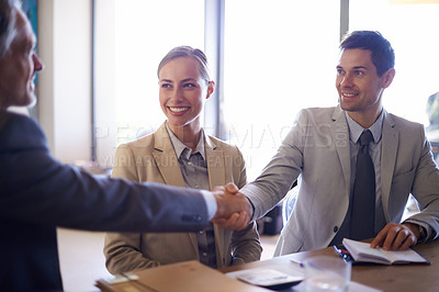 Buy stock photo Business people, smile or shaking hands for deal, b2b collaboration or teamwork in office. Handshake, partnership or proud employee in corporate agreement with meeting success, welcome or thank you 