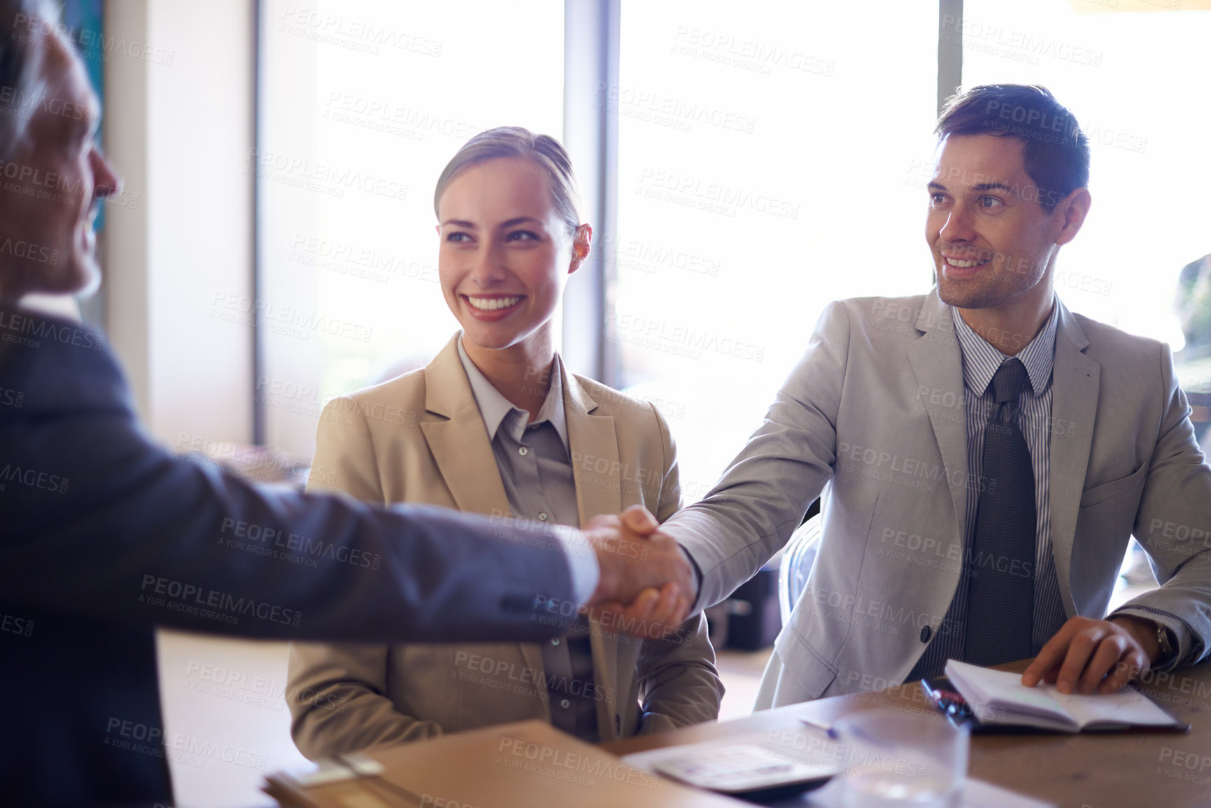 Buy stock photo Business people, smile or shaking hands for deal, b2b collaboration or teamwork in office. Handshake, partnership or proud employee in corporate agreement with meeting success, welcome or thank you 